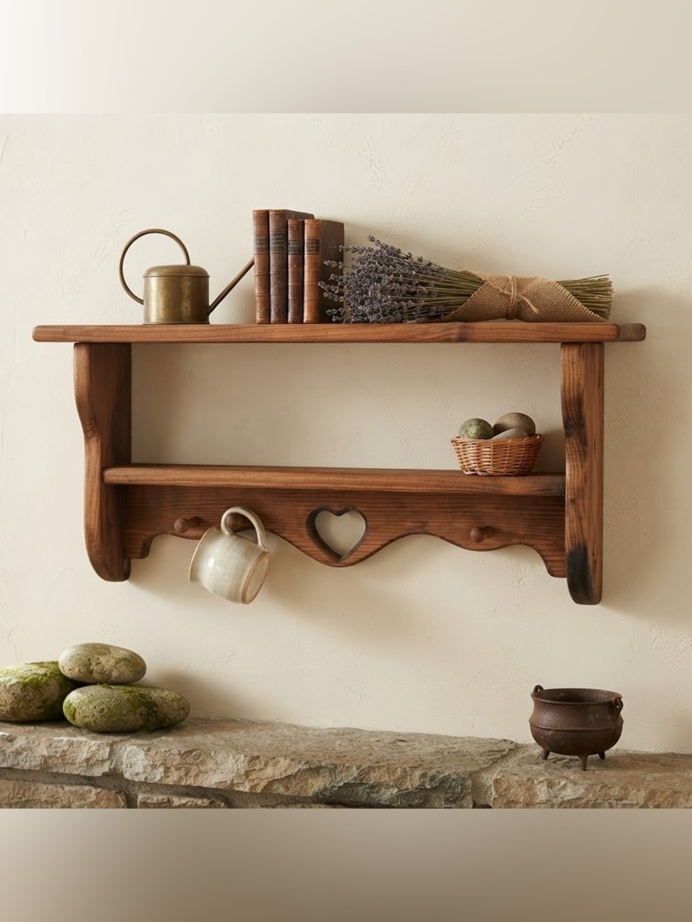 Rustic Wooden Wall Trinket Shelf with Heart Accent and Shaker 2 Pegs